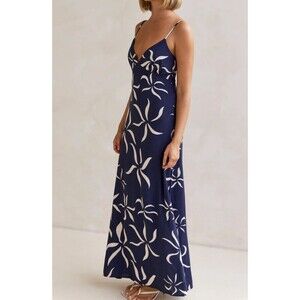 Anthropologie Paper Heart Ayana Navy Linen Blend Maxi Dress Coastal Resort Small